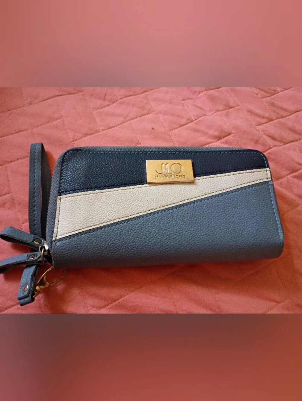 Jennifer Lopez Navy and Cream Colorblock Wallet with Gold JLO Plaque